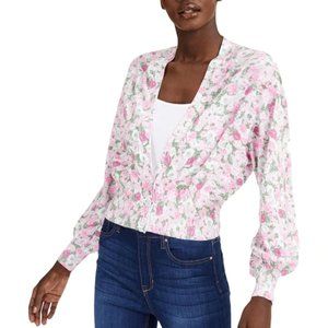 INC Ribbed Knit Cardigan Sweater in a Pastel Pink Floral Print Size Medium NWT